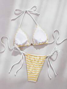女士条纹挂脖比基尼套装，适合夏季海滩度假 - 黃白條 - 查看 9