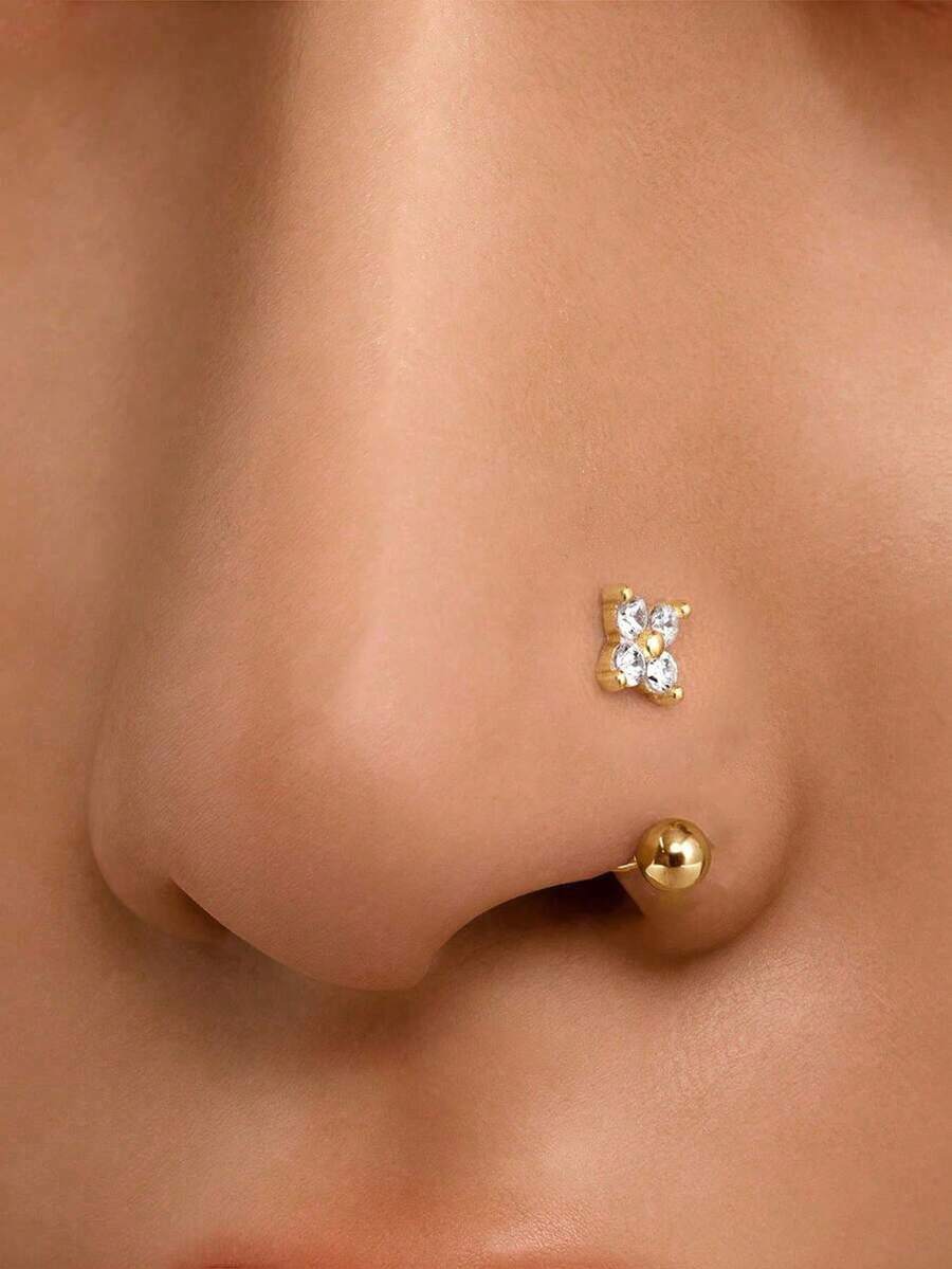 1件18K镀金不锈钢迷你圆形立方氧化锆花朵鼻环，轻盈低敏银色鼻钉耳环，CZ鼻唇软骨耳环，女士款 - Style A-1Pc-8mm - 查看 1