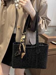 1 pieza Bolso de hombro de mujer de unicolor con estampado de leopardo, versátil y portátil de gran capacidad y lujo, adecuado para citas, compras, regalos, trabajo, viajes, incluye una bufanda delicada - Negro - Ver 4