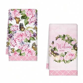 2pcs Soft Microfiber Kitchen Towels - Pink Butterfly & Rose Pattern, Highly Absorbent Dish Cloths, Suitable For Cooking, Baking, Wedding, Housewarming Celebration - Perfect For Kitchen And Bathroom, Reusable Cleaning Rags