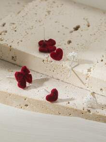 6pcs/Set Burgundy Flocked Bow & Heart Pearl Stud Earrings (Random Card Included), Autumn/Winter - Multicolor - View 3