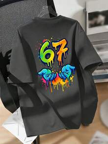 Tween Boy Colorful Creative Number 67 Print T-Shirt, Suitable For Casual, Streetwear, School, Events, Fashionable Boys' Summer Top - Dark Grey - View 6