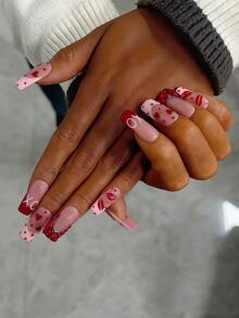 10片装Y2K风格管道形美甲贴片套装 - 手工制作，粉色美甲，红色美甲，粉红法式美甲，手绘红色波点、红色之吻和红色爱心图案设计，闪亮红色水钻装饰手工美甲贴片 - 彩色 - 查看 5