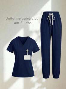 Conjunto uniforme médico quirúrgico set 2 piezas dama mujer manga corta cuello v pantalón jogger resorte cordón cómodo - Azul Marino - Ver 1