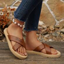 新款交叉绑带平底凉鞋，时尚优雅，适合海滩和日常穿着，百搭女士凉鞋 - 摩卡棕 - 查看 9