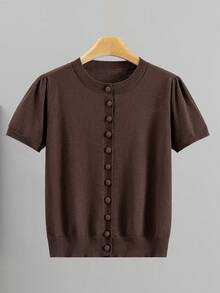 GIGOGOU Áo khoác cardigan dệt kim tay ngắn cho nữ mùa xuân hè, kiểu dáng thoải mái, thoáng khí, ôm sát, đơn giản. - Cà phê nâu - Xem 5