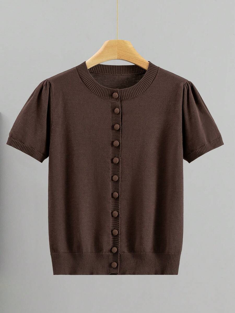 GIGOGOU Áo khoác cardigan dệt kim tay ngắn cho nữ mùa xuân hè, kiểu dáng thoải mái, thoáng khí, ôm sát, đơn giản. - Cà phê nâu - Xem 1