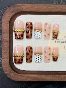10片装Y2K风管状美甲贴片套装 - 手工制作，粉色美甲贴片，棕色美甲贴片，棕色豹纹法式美甲贴片，手工3D金环和3D水钻环设计，手绘豹纹和波点图案，闪亮水钻和金色小钢珠装饰，精致优雅的美甲贴片 - 适合派对和休闲装扮，是送给女性和女孩的完美节日礼物。 - 彩色 - 查看 2