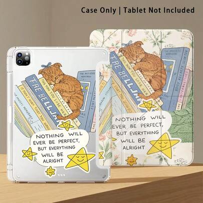 亚克力水晶保护壳，饰有猫咪趴在书本上睡觉的图案，兼容荣耀和苹果平板电脑。防弯折，硅胶加固边角，自动唤醒/睡眠功能，内置笔槽，多角度可折叠支架——完美日常保护，理想礼物之选。