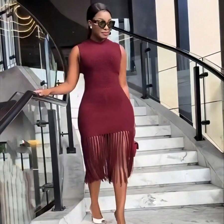 New Tassel Knit Dress For African Women, Slim-Fit Stretch Mid-Length Beach Cover-Up - Burgundy - View 1
