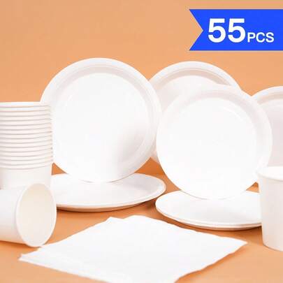 1 Bộ đĩa, khăn ăn, cốc dùng một lần màu trắng, phù hợp cho 10 khách, đồ dùng tiệc bằng giấy dùng một lần cho sinh nhật, đám cưới, tiệc theo chủ đề, dã ngoại gia đình.