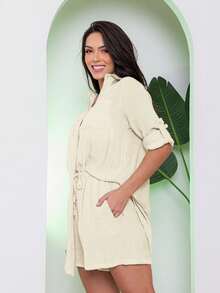 Women's Beach Cover-Up Set: Long-Sleeved Shirt And Shorts - Summer - 米色 - 查看 2