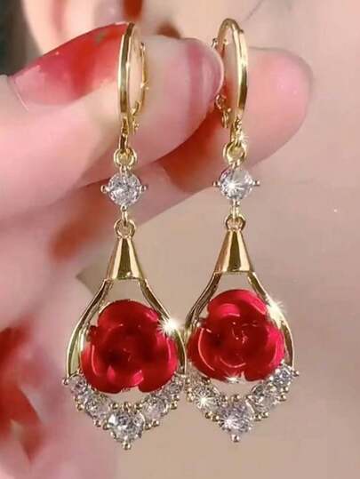 1 par de pendientes de aro con forma de rombo, con incrustaciones de rosas rojas de lujo y cristales, pendientes elegantes de nicho, pendientes estilizadores de rostro de moda para mujeres