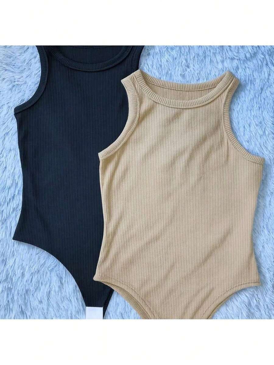 Kit Of 2 Women's Ribbed Tank Top Bodysuits - Fashion 2025 - 米色和黑色 2 - 查看 1