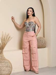 Women's Wide Leg Cargo Pants, High Waist, Tailored, Marrant Style, Palazzo Pants With 4 Utility Pockets, Premium Streetwear - 淺粉色 - 查看 8