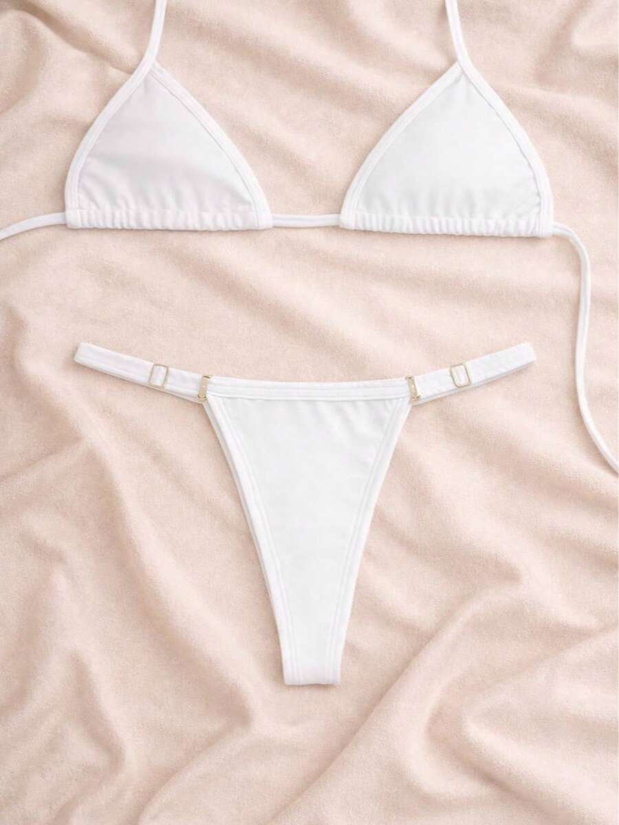 Women's String Bikini With Adjustable Straps – Exclusive Summer Tie-Up Style For Beach And Vacation - White - View 1
