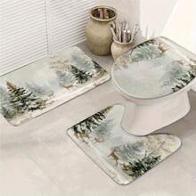 Christmas Bathroom Rug Set Of 3, Featuring Deer In A Cedar Forest, Includes Bath Mat, Contour Mat, And Toilet Lid Cover, Suitable For Kitchen, Bathroom, And Bedroom, Washable Floor Carpet Deco - 彩色 - 查看 2