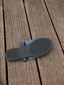 大码女士纯色拖鞋，休闲露趾平底夏季鞋，轻便套脚凉鞋 - 藍色 - 查看 8