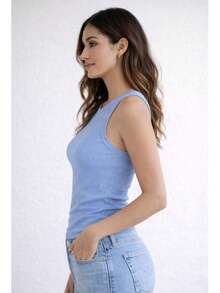 Women's Basic Ribbed Premium Sleeveless Tank Top, Comfortable, Fitted To The Body, Casual, Gym, Everyday, Women's Fashion - 淺藍色 - 查看 3