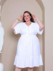 Batwing Dress Plus Size Midi Short Sleeve Duna Fabric Size U/G1 Fits Sizes 44 To 50 With Front Buttons Elegant Fashion Simple Casual Stylish Party Hem With Ruffle Buttons At The Front Knot Wedding - 白色線條 - 查看 4