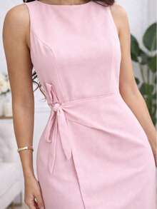 Women's Tailored Midi Dress With Waist Belt – Elegant For Parties, Weddings, And Social Events - Màu Hồng baby - Xem 4