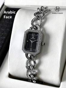 Pablo Raez 1pc Ladies Watch Gold Watch Women's Elegant Stainless Steel Bracelet Watch, Silver Stainless Steel & Rhinestone Decor Rectangular Case, Black Minimalist Dial, Jewelry Clasp, Waterproof, Full Automatic Quartz Electronic Wristwatch, Suitable For Daily Life, Work, Parties, And Decoration - Silver - View 16
