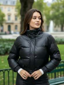 Women's Leather Puffer Jacket For Winter - Black - View 1
