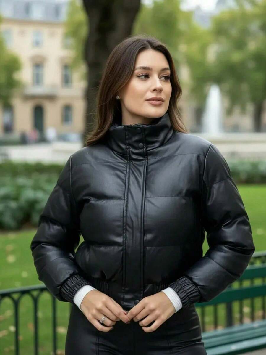 Women's Leather Puffer Jacket For Winter - Black - View 1