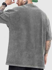 Men's Relaxed Fit Heavyweight 230g Washed Pure Cotton T-Shirt, Custom Double-Sided Logo Text Printing, Short Sleeve Round Neck Custom Tee - Grey - View 2