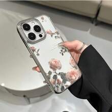 Capa de Telefone com Elementos Florais Rosa Minimalistas Eletroplateados Transparentes, 1 Peça, Proteção de Lente da Moda Anti-Queda Anti-Colisão, Padrão Vibrante de Flor de Pessegueiro, Personalizada Compatível com iPhone 16 Pro Max, 17/16/15/14 Plus, 13/12/11, Presente de Aniversário de Primavera - Multicolorido - Visão 4