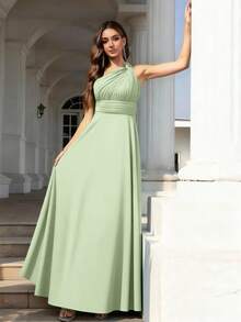 Volly Toych 简约优雅的无袖雪纺长款伴娘礼服，采用不对称领口和垂褶结饰设计，也可作为婚礼宾客礼服。 - 薄荷綠 - 查看 5