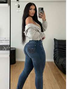 MX JEANS Butt Lifting Dark Acid Blue Skinny Jeans W Rhinestone Pockets - 彩色 - 查看 1