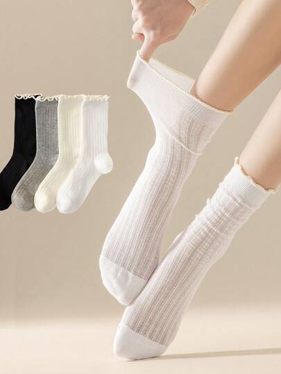1/4 Pair Women's Mid-Calf Socks, Thin Mesh Ruffle Edge Ballet Style Solid Color Comfortable Slouch Socks For Spring/Summer