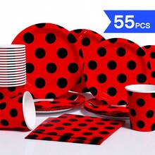 Assiettes jetables à base rouge et points noirs, serviettes, gobelets - Set de fournitures jetables pour une seule fois, convient pour 10 invités. Assiettes en papier jetables, vaisselle de fête pour anniversaire, mariage, fête à thème, pique-nique en famille - Style 1 - Voir 1