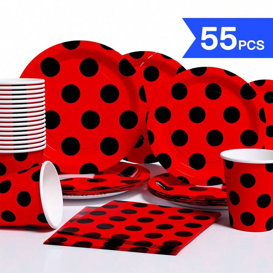 Assiettes jetables à base rouge et points noirs, serviettes, gobelets - Set de fournitures jetables pour une seule fois, convient pour 10 invités. Assiettes en papier jetables, vaisselle de fête pour anniversaire, mariage, fête à thème, pique-nique en famille - Style 1 - Voir 1