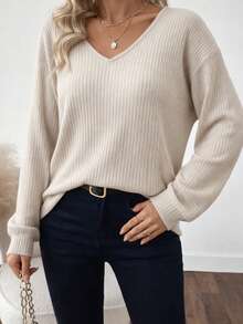 Woman Back Bow Detail Ribbed Knit Sweater – Casual Chic Fall/Winter Top - Beige - View 3