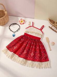 Disfraz de aventura para niñas, vestido de princesa para fiesta de cumpleaños de niñas, vestido con flecos con collar y pasador para el cabello - Rojo - Ver 3