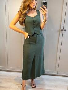 Elegant Women's Tailored Skirt And Vest Set - Army Green - View 11