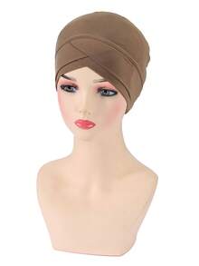 1pc Women's Casual Minimalist Criss-Cross Elastic Beanie Hat, Scarf Headwear, Daily Wear Hijab Muslim - Khaki - View 1