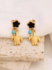 1对不锈钢五叶花耳钉，女士时尚18K PVD镀层设计，珍珠海星贝壳吊坠耳环首饰 - 耳環 - 查看 6