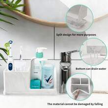 一套可拆卸硅胶浴室牙刷架、化妆品收纳盒和水槽整理架，包含带沥水功能的皂碟，多功能用途 - 白大理石款 - 查看 5