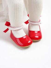 Newborn Baby Girls' Mary Jane Flats, Bow Decor, Non-Slip Soft Bottom PU Leather Infant Prewalker Shoes, Pearl Ribbon - Red - View 11