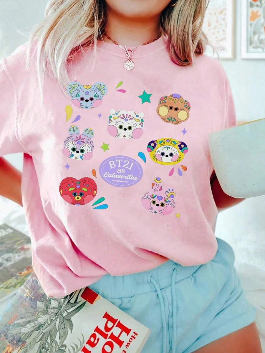 BT21 Characters Graphic Tee Women's Cotton Loose Fit Gifts For Halloween, Christmas, Thanksgiving And New Year - 粉色 - 查看 1