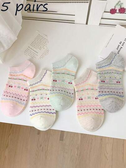 5 Pairs Of Women's Ankle Socks, Featuring Soft Colors Such As Light Pink, Off-White, Light Green, And Light Gray For Spring And Summer, Paired With Many Cartoon Elements, Fashionable And Minimalist, Comfortable And Non-Slip, A Must-Have For Daily Travel And Shopping