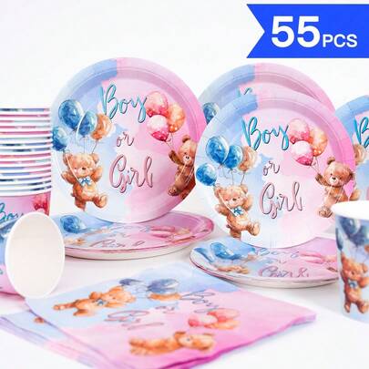 Gender Reveal Teddy Bear Disposable Plate, Napkin, Cup Set, One-Time Party Supplies Suitable For 10 Guests, Disposable Paper Plate Party Tableware For Birthday, Wedding, Theme Party, Family Picnic
