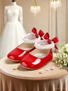 Newborn Baby Girls' Mary Jane Flats, Bow Decor, Non-Slip Soft Bottom PU Leather Infant Prewalker Shoes, Pearl Ribbon - Red - View 14