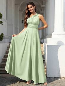 Volly Toych 简约优雅的无袖雪纺长款伴娘礼服，采用不对称领口和垂褶结饰设计，也可作为婚礼宾客礼服。 - 薄荷綠 - 查看 3
