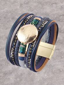 1pc Fashion Alloy Round Pendant Multi-Layer Snake Faux Leather Wrap Bracelet Gift For Girlfriend/Mother, Adjustable - Brown - View 18