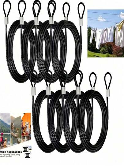 20 szt. czarnych, powlekanych plastikiem stalowych lin stalowych, odpowiednich do lin antykradzieżowych, sznurów do bielizny, lin dekoracyjnych na zewnątrz, lin dekoracyjnych na ścianę, smyczy dla psów, lin namiotowych, regulowana długość