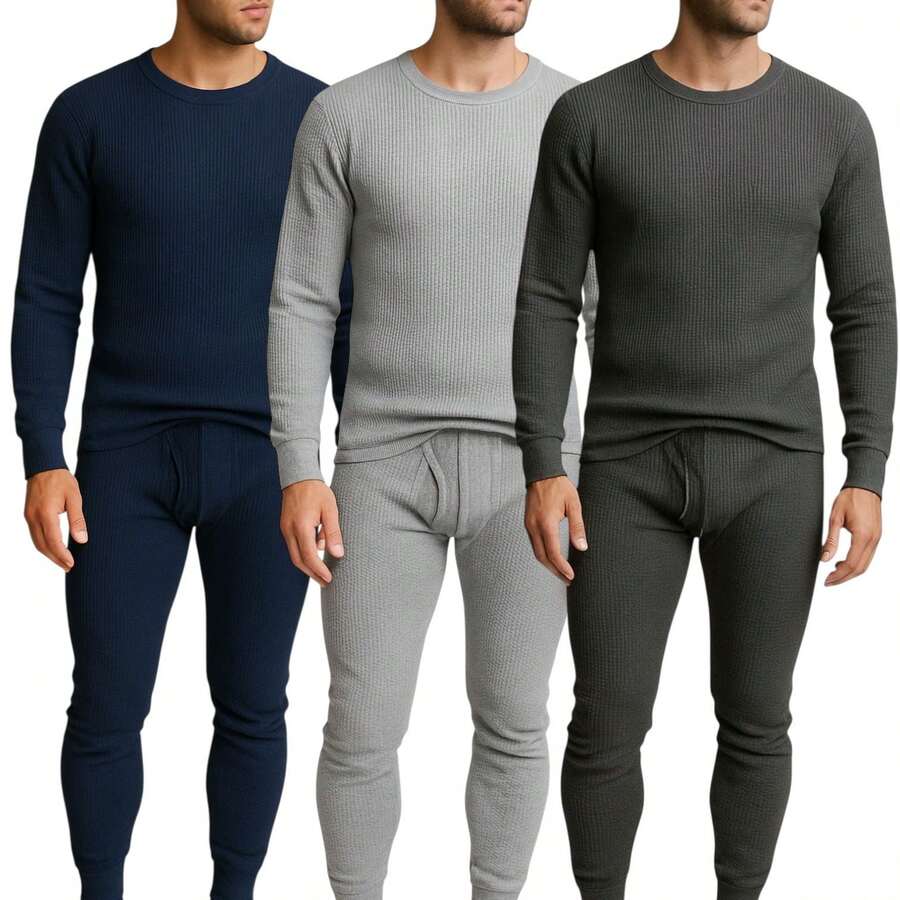 Men's 3 Pack Full Thermal Sets Ultra Soft 6 Piece Cotton Top And Bottom Set - NVY/CHAR/GRY - View 1